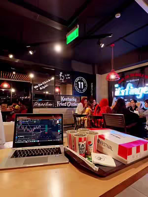 A laptop displaying a stock chart is set on a table in a KFC restaurant. Beside the laptop are KFC branded cups, a box of food, and utensils. Several people sit at tables in the background.
