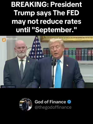 The image features a split screen: the bottom portion shows the Twitter profile of "God of Finance" with an eagle-eyed profile picture. The top part is a recorded video with former US president Donald Trump speaking; text overlays state the current breaking news.