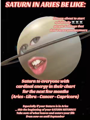 The image features a stylized, animated representation of Saturn with anthropomorphic features. It has eyes and a mouth, superimposed on the planet's surface, which is set against a black background. Text overlays describe astrological events and advice.