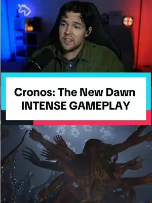 The image is vertically oriented, composed of two main sections. The top section shows a man with light skin, short dark hair, and a short beard, centered in the frame from the chest up. He is wearing a green jacket over a dark shirt. Behind him, the background is divided into two zones of lighting, with a red light occupying the right side and blue lighting and a monitor screen to the left. He is facing the camera and talking. Below is a visual from a video game showing multiple shadowy figures with their hands stretched out in a dark environment. A rectangular overlay of light blue with a pink section at the bottom contains the text, 'Cronos: The New Dawn'. The words 'INTENSE GAMEPLAY' are displayed in a white font under the game title.