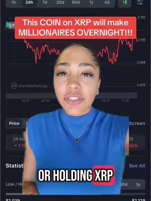 The cover image shows a woman with dark hair and fair skin in a blue top, positioned in front of a screen displaying stock market data. Above her head, a red banner reads a financial claim in white text. A second red banner in the lower third of the image features additional text. The background contains stock market charts with green and red lines. The overall composition is centered, with the woman as the focal point.