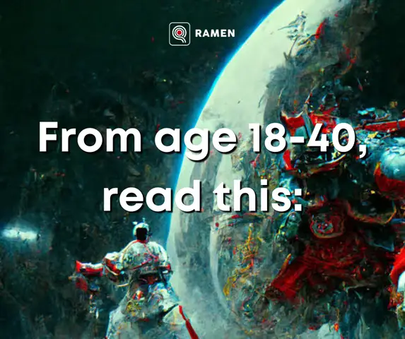 A surreal, digital artwork featuring a towering figure of a person in a robotic suit standing before a dramatically lit planet. Text overlayed on the image reads "From age 18-40, read this:". The scene is framed with a dark, textured background and vibrant, artificial color palettes.