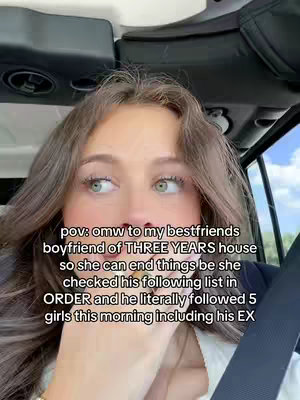 A young woman with long brown hair is looking off to the side. She is inside a car, with the open door visible. Text is overlaid on the image, providing context.