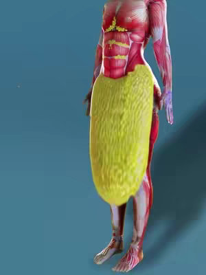 A 3D medical rendering of a human figure, viewed from roughly the front. The figure is semi-transparent, revealing red muscle and bone structure. A large, yellow, segmented mass, probably representing a layer of fat, dominates the midsection. The background is a plain, medium-blue color. The overall composition has a clinical, educational quality.