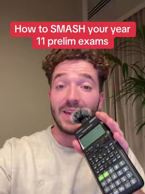 A man with curly hair is holding a calculator; a red banner at the top reads "How to SMASH your year 11 prelim exams".