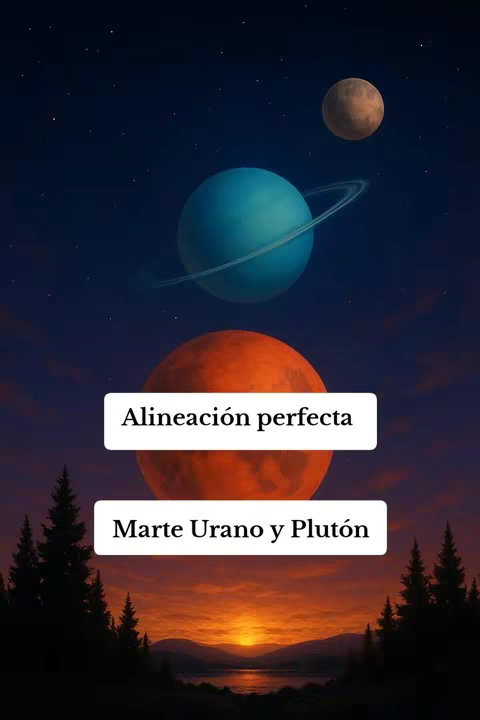 The image shows a stylized celestial scene. The background is a gradient of dark blues, acting as the night sky, sprinkled with small white stars. In the center, there's a large, light blue planet with rings, possibly representing Uranus. Above it, a smaller, brown planet resembling Mars. Below it a large orange planet. In the foreground, silhouetted evergreen trees are visible, and in the distance, there is a body of water.