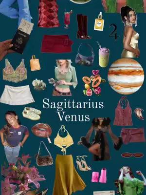 A collage-style image with a dark teal background. Various items are arranged to represent Venus in Sagittarius, including clothing, accessories, and fruits. The text "Sagittarius Venus" is in the center, with additional elements around it.