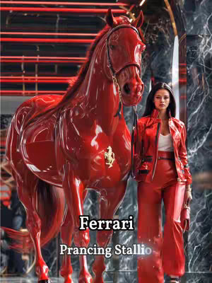 The cover image presents a polished, stylized composition. A glossy, bright red sculptural horse is the central focus, posed in a semi-prancing stance. Behind, a woman dressed entirely in red leather attire stands to the horse's right, gazing slightly off-camera. The background incorporates lines and patterns with reflective surfaces, with text overlays for brand identification. The overall tone is luxury and elegance.