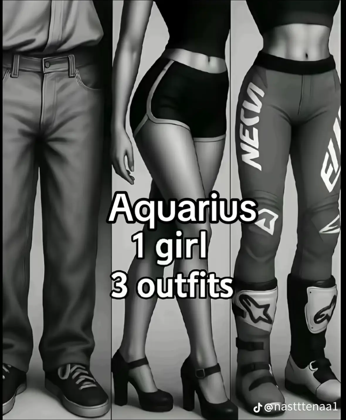The image is a split-screen collage featuring three digitally rendered figures, each partially visible from the torso down, showcasing different fashion styles. The figures are monochromatic, rendered in grayscale, with the background also being a neutral tone. The leftmost figure is dressed in a complete outfit – a light-colored button-down shirt and casual pants. The middle figure showcases a cropped top and short-shorts. The rightmost figure models an athletic outfit with printed pants and black boots. The image includes the text 'Aquarius 1 girl 3 outfits' in clear white font overlaid onto the figures, and a watermark at the bottom right.
