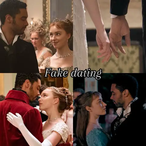 The cover image is a collage of four different scenes, likely screenshots from a show. Each scene features two people, a man and a woman, in various states of interaction. The upper-left image shows the man and woman facing each other with a somewhat serious expression. The upper-right shows a close-up of their clasped hands. The bottom-left image shows the couple in a semi-embrace while looking at each other. The bottom-right scene shows them in profile, looking at each other. The text "Fake dating" is superimposed in the center of the image.