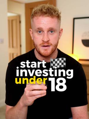 A man with short, blonde hair and a black t-shirt holds a small checkered flag. White text that says "start investing" is at the top of his chest. Below it, text that reads "under 18" is in yellow and in a large font.