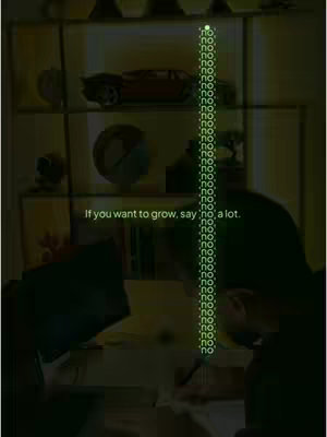 The image is a dimly lit interior, likely a home office, with a man seated at a desk, out of focus. A vertical column of the word "no" appears in a green, glowing font, emphasizing the main text at the bottom. Shelves with decorative items are visible in the background, and the overall composition suggests a focus on self-improvement and discipline.