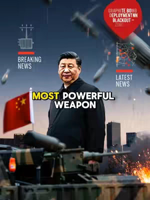 The image features Xi Jinping, the President of China, standing in front of military equipment. The background includes Chinese flags, depictions of explosions, and text overlays indicating 'Breaking News' and 'Latest News.' The overall composition has a serious and urgent tone, with dark blues and reds dominating the color scheme.