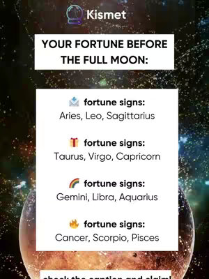 The image is a vertical graphic featuring a celestial background with a deep purple hue. Centered on the image are four rectangular text boxes with rounded corners, each containing text related to astrology. The top box contains the brand name 'Kismet'. Below that, a white box displays the text 'YOUR FORTUNE BEFORE THE FULL MOON:'. Below that, there are four more text boxes, each with an astrology sign, the name of the fortune sign, and an associated emoji. The first box bears a blue symbol for Aries, Leo, and Sagittarius; the second has a gift symbol for Taurus, Virgo, and Capricorn. A box with a rainbow represents Gemini, Libra, and Aquarius, and a flames symbol marks Cancer, Scorpio, and Pisces.