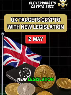 The image is a promotional graphic with a dark background featuring a Union Jack flag, a gold coin Bitcoin, other cryptocurrency coins, and text overlays. The central text announces 'UK TARGETS CRYPTO WITH NEW LEGISLATION' in bold yellow against a rectangular brown panel. Below this, a red panel states '2 MAY.' The 'NEW LEGISLATION' is highlighted in green at the bottom. A logo 'CLEVERROBOT'S CRYPTO BUZZ' and its animated avatar is visible in the top right corner, reinforcing the crypto theme.