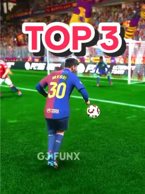 The image showcases a digital representation of a soccer game in progress. The central focus is on a player, presumably Lionel Messi, wearing a blue and red Barcelona jersey with the number 30 on the back. The player is mid-action, dribbling a soccer ball, with the stadium and other players in the background. Text overlayed reads 'TOP 3.'