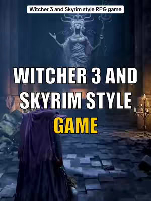 The image is a promotional image for a video game with an action role-playing theme, depicting a medieval interior with a statue. The background blends into a dark shadowy room with a statue of a woman with open arms in the background and candles lighting the scene. The main subject is a figure in the lower area of the image wearing a dark cape. Large white text is put over the image with a yellow border.