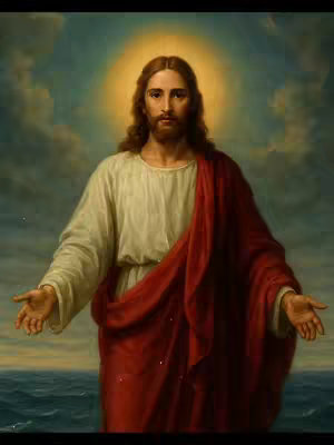 An artistic painting depicting Jesus with open arms, dressed in white robes and a red cloak. He has long brown hair and a beard, with a golden halo around His head. The background shows a sky with clouds and a hint of water below. The overall composition emphasizes a divine and welcoming presence.