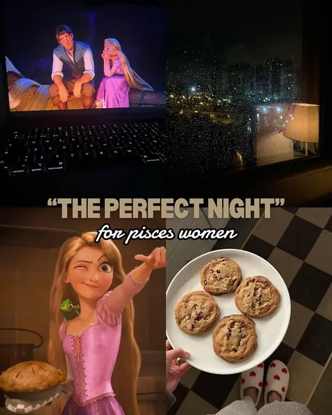 The image is a split composition showing different elements. The top half features a laptop displaying scenes from the animated movie 'Tangled,' next to a cityscape outside a window with rain drops. The bottom half presents a cartoon of Rapunzel winking with a frog on her shoulder, holding a pie and the right side shows a plate of chocolate chip cookies and a person wearing fuzzy heart-shaped slippers. The background is a mix of indoor settings with the floor in black and white checkered pattern.
