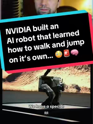 The image is a vertical video cover featuring a man in the top portion, with text overlaid on a rectangular section. The man is looking towards the camera. Below the man's image, an AI robot is in action. The text area is multi-colored featuring white, red and black colors. The robot is walking. The background appears to be a bright outdoor setting.
