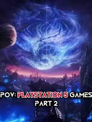 The image shows a fantasy landscape with a swirling, ethereal blue energy formation dominating the sky with a title overlay. The background is a mix of purple and dark blues, suggesting a twilight setting. In the foreground, there are dark, silhouetted structures that could be mountains or ruins. The overall composition is dramatic and visually engaging, hinting at themes of fantasy or gaming.