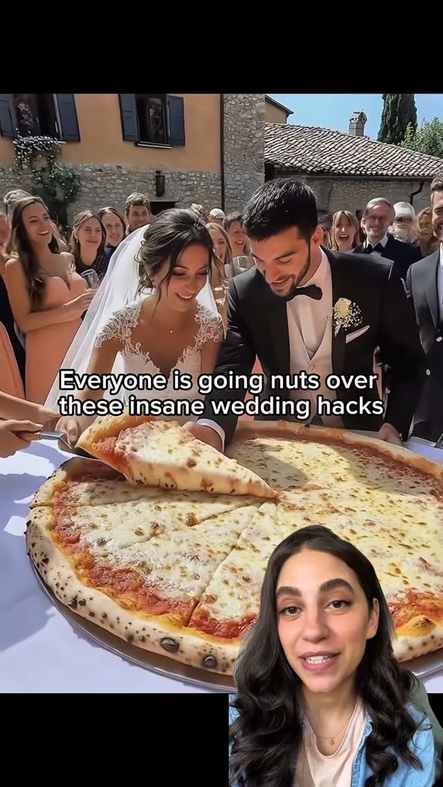 A woman in front of a giant pizza slices off a piece of it while a couple in wedding attire smile, and friends and family surround them.