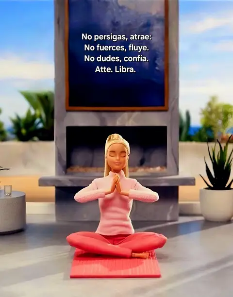 A Barbie doll in a meditative pose with hands clasped, set in a modern interior. Behind her is a framed message against a wall. Overall, the image conveys a message of spirituality and positive affirmations.
