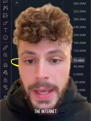 A close-up shot of a man's face with curly brown hair, a beard, wearing a black hoodie, and a screen on the background. The foreground features the man's face looking directly at the camera and speaking. The background shows a data graph, with numbers on the right which are visible.