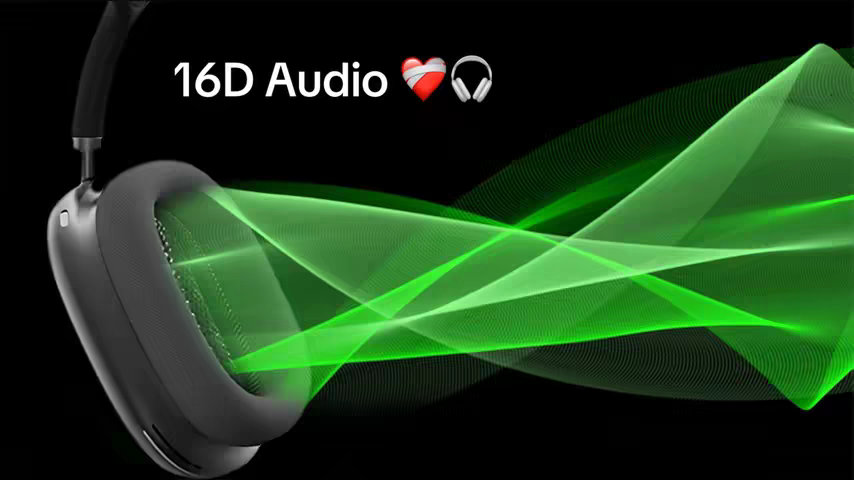 The cover image shows a pair of gray headphones on the left side, with the text "16D Audio" in white, and then a heart with a bandage around it and another headphone icon. Green, wavy lines emanate from the headphones on the right side. The background is black.