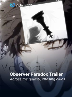 The image features a stylized anime-style illustration. The background is a blurry, dark depiction of a person's face. Overlaid on this is a square frame, containing a grayscale illustration of a chess king piece. Below this frame, centered, is the text "Observer Paradox Trailer" in a bold, white font accompanied by another text "Across the galaxy, chasing clues" in a smaller size. The color scheme is predominantly black, white, and shades of gray, giving a dramatic effect.
