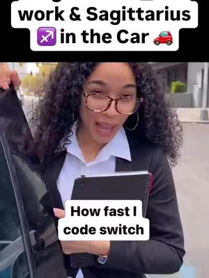 A woman in professional attire, wearing glasses, is in a car. She's holding a tablet and looking at the camera with an animated expression. Above her head are the words "work & Sagittarius in the Car" with a car emoji to the right, and a text overlay that reads "How fast I code switch".