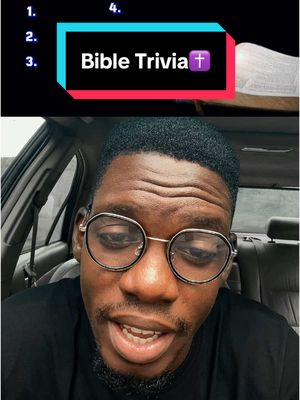 The cover image is split. At the top, vibrant squares display numbers 1-4. A text box in the top-left spells out 'Bible Trivia' with a cross symbol. Below, a man with a beard and glasses is seated in a car seat, looking at the camera.