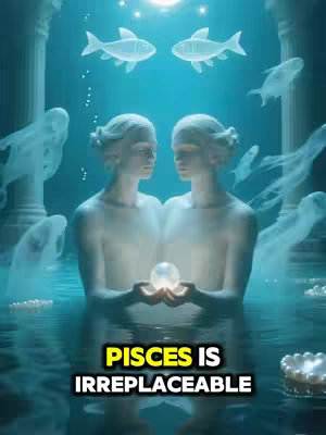 An artistic image depicting a celestial, ethereal scene with two figures, likely representing Pisces. They are seemingly underwater or in a luminous environment, holding a glowing orb. Above them are floating fish. The text overlayed features bold yellow text saying "PISCES IS IRREPLACEABLE".