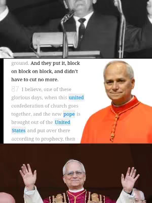 The cover image is a composite showing three different panels. The top panel shows a black and white image of a man in a suit speaking into a microphone. The middle panel is a section from a text document containing a quote about a prophecy, with the words 'pope' and 'United States' highlighted. To the right of the text is a portrait of a man wearing a red garment. The bottom panel shows a man with glasses wearing a red and purple garment with his hands up in the air.