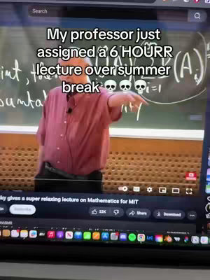 The cover image is a screenshot of a live-streamed lecture on a laptop screen, with the presenter featured. Above this image is a text overlay. The lecturer, an older man with light skin, is wearing a red shirt and is positioned in front of a chalkboard with mathematical equations. The background appears to be a lecture hall. The text is white against a black background. The laptop is on what appears to be a desk with various colored keys visible.