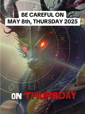 A digital artwork depicting a dragon-like creature with glowing red eyes, a dark, textured body, and prominent antlers, set against a background of celestial and geometric patterns. Text overlays feature a warning about a specific date.