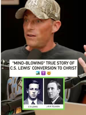 A man wearing a camouflage baseball cap stands in front of a dark background. Overlaid text at the top reads: "*MIND-BLOWING* TRUE STORY OF C.S. LEWIS' CONVERSION TO CHRIST". Below this, two portraits are displayed side-by-side: one of C.S. Lewis and the other of J.R.R. Tolkien. The text "C.S. LEWIS" and "J.R.R TOLKIEN" is placed under each portrait respectively.