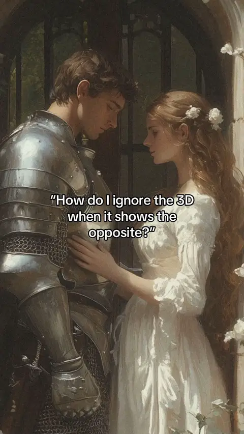 The cover image is a digital painting of two figures engaged in a tender moment. A man in silver armor stands facing a woman in a white dress. They are positioned close together, almost touching, and appear to be gazing at each other with a sense of fondness. The man's armored attire contrasts with the soft, flowing fabric of the woman's dress, creating a visual juxtaposition. The color palette leans towards muted tones with browns and whites, giving it a classical or romantic aesthetic. The background is a blurred representation of an outdoor setting. Text overlay is added to the image, placed over the couple