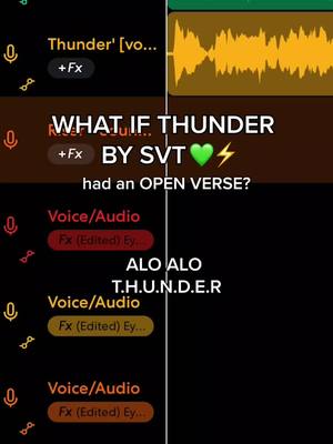 The image is a vertical split-screen. On the left side, there are audio app UI elements, including labels like "Thunder' [vo...]," and "+Fx," along with microphone and audio level indicators. Below, there's a section labeled "Voice/Audio" with additional effect options. On the top right, there's a visual representation of an audio waveform. The words "WHAT IF THUNDER BY SVT had an OPEN VERSE?" are also displayed in white font, separated by a thin vertical line, and the text "ALO ALO T.H.U.N.D.E.R" is in white too.  The color palette is dominated by black, with accents of red, white, yellow, and green.