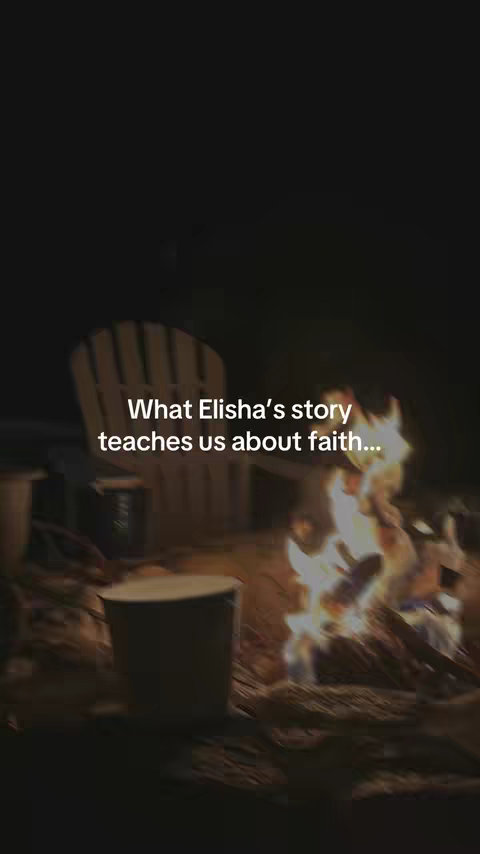 A nighttime scene with a campfire. The flames are bright against the dark background. In the foreground, there is a wooden chair, a bucket-like object, and logs in the fire pit. Overlayed on the image is white text.