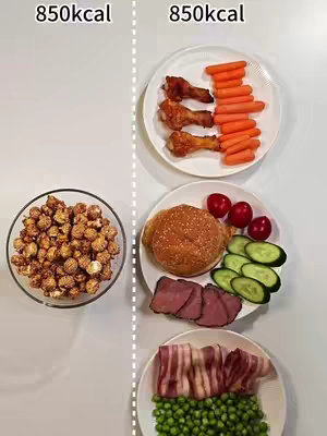 A split-screen image showing two sets of plated food items. On the left, a bowl of popcorn labeled as 850kcal. On the right, a plate of carrots and chicken drumsticks, red tomatoes, cucumber slices, and slices of meat and a plate of peas and bacon, all labeled as 850kcal.