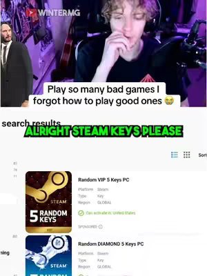 The cover image shows a divided screen. The top half features a young man reacting while playing a game. Below, there's a screenshot of a website selling Steam keys. The top left shows a man in a suit and in the top right the creator’s name, WinterMG. The background is a mix of dark tones and purple.
