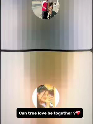 The image is split in two, with a strip down the middle, and a gradient finish on the top and bottom. The top half contains an image of a person with a horse in an oval. The bottom half shows a person taking a selfie with a phone in an oval. There is a black bar along the bottom with white text reading 'Can true love be together?', with a red heart at the end.