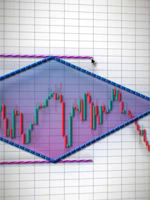 The image is a technical analysis chart, showing a diamond pattern. The chart background is a grid, and the candlesticks are red and green. A hand cursor is positioned near the top. The overall composition is informative and illustrative of trading concepts.