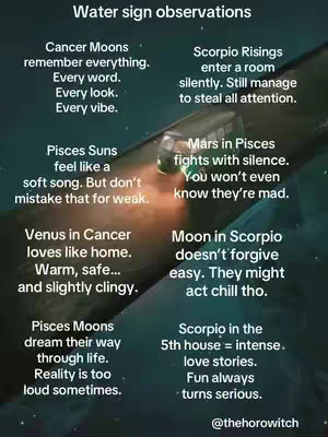 An image with a dark blue background and white text presenting 'Water sign observations.' The text lists observations for Cancer Moons, Scorpio Risings, Pisces Suns, Mars in Pisces, Venus in Cancer, Moon in Scorpio, Pisces Moons, and Scorpio in the 5th house. There is also an image of a bus with lights along with the username of the creator, @thehorowitch.