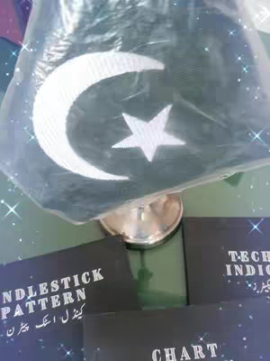 The cover image features a stack of trading books in front of the flag of Pakistan. The flag itself features a white crescent moon and star. The books include titles such as "Candlestick Pattern" and "Technical Indicators".
