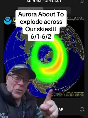 An older man with glasses, a cap, and a dark jacket is on the bottom left of the frame, gesturing towards the camera. Behind him is a map of the world with a visualized aurora borealis, presented as green and orange rings.
