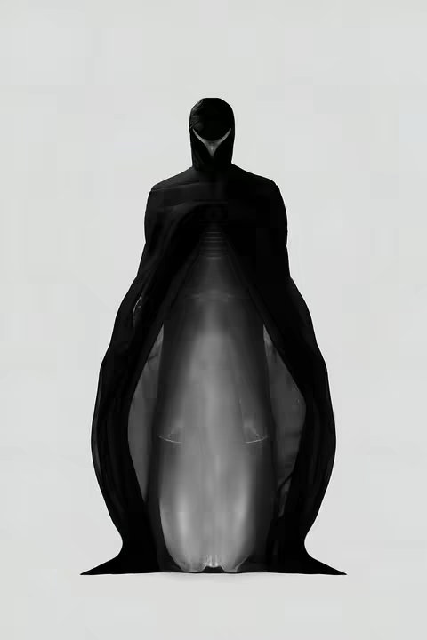 An artistic image of a figure wrapped in a dark, flowing cloak or robe, set against a stark white background. The figure's head is obscured by a hood, with only a suggestion of a face visible through an opening that hints at a bird-like or avian form. The cloak creates a sense of movement, with the fabric subtly revealing an interior space that extends towards a distant point, creating a sense of depth and mystery. The overall composition is minimalistic, relying on the contrast of the dark figure against the white backdrop to convey an aura of anonymity and enigmatic character.
