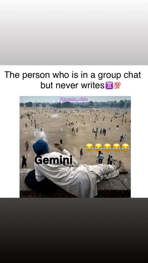 The image presents a humorous meme-style composition. A large, outdoor field is filled with numerous people, suggesting a gathering or event. Overlaid on this scene is the text 'The person who is in a group chat but never writes', along with a Gemini symbol and emojis. A man in traditional South Asian attire is seen lounging on a ledge, appearing to be the focal point.