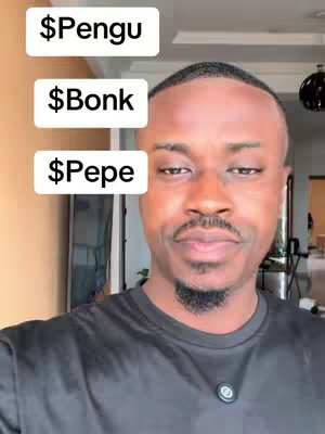 A man with a dark complexion is in the center of the frame, his head and upper body prominently displayed. He's positioned in front of a neutral background. The man is looking at the camera with a neutral expression. Above his head are three white rectangular boxes, each with text in a bold, sans-serif font, listing the cryptocurrencies: $Pengu, $Bonk, and $Pepe. The overall composition is straightforward, with the man as the primary focus.